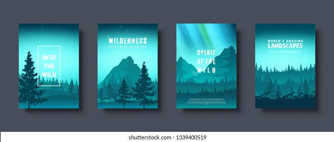 Mountains and forest. Wild nature landscape. Travel and adventure.Panorama. Into the woods. Horizon line.Trees,fog. Vector illustration.