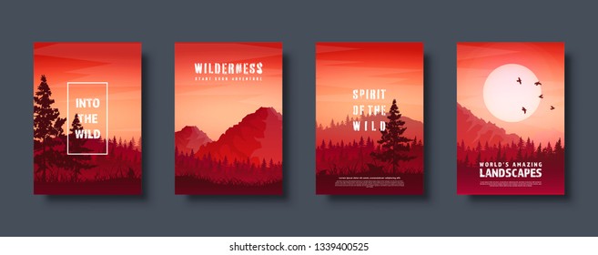 Mountains and forest. Wild nature landscape. Travel and adventure.Panorama. Into the woods. Horizon line.Trees,fog. Vector illustration.