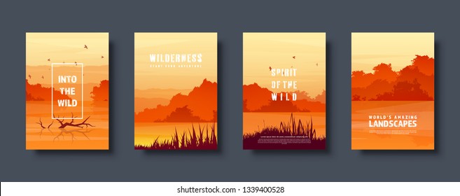 Mountains and forest. Wild nature landscape. Travel and adventure.Panorama. Into the woods. Horizon line.Trees,fog. Vector illustration.