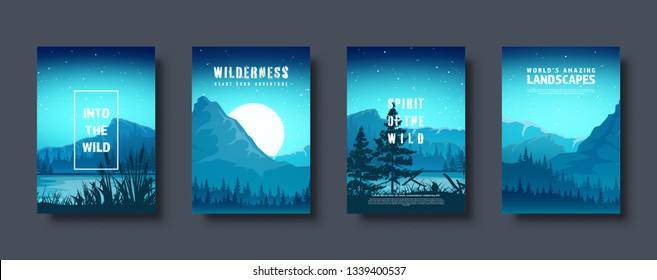 Mountains and forest. Wild nature landscape. Travel and adventure.Panorama. Into the woods. Horizon line.Trees,fog. Vector illustration.