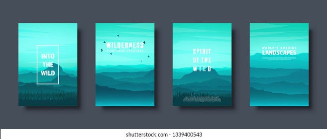 Mountains and forest. Wild nature landscape. Travel and adventure.Panorama. Into the woods. Horizon line.Trees,fog. Vector illustration.