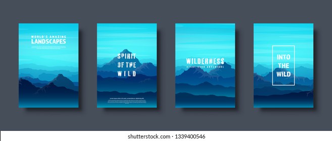 Mountains and forest. Wild nature landscape. Travel and adventure.Panorama. Into the woods. Horizon line.Trees,fog. Vector illustration.