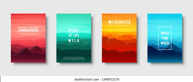 Mountains and forest. Wild nature landscape. Travel and adventure.Panorama. Into the woods. Horizon line.Trees,fog. Vector illustration.