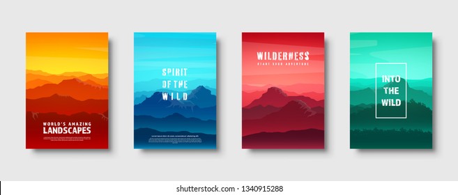 Mountains and forest. Wild nature landscape. Travel and adventure.Panorama. Into the woods. Horizon line.Trees,fog. Vector illustration.