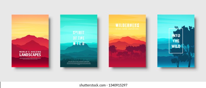 Mountains and forest. Wild nature landscape. Travel and adventure.Panorama. Into the woods. Horizon line.Trees,fog. Vector illustration.