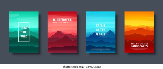 Mountains and forest. Wild nature landscape. Travel and adventure.Panorama. Into the woods. Horizon line.Trees,fog. Vector illustration.