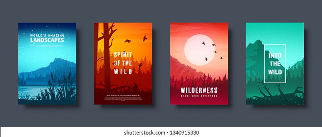 Mountains and forest. Wild nature landscape. Travel and adventure.Panorama. Into the woods. Horizon line.Trees,fog. Vector illustration.