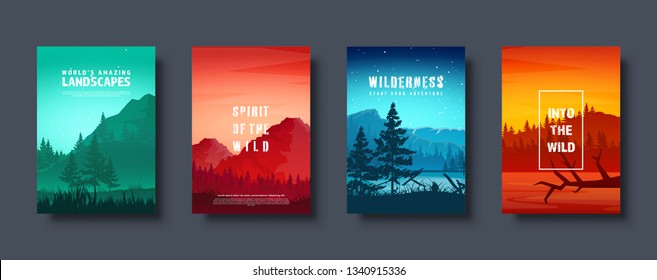 Mountains and forest. Wild nature landscape. Travel and adventure.Panorama. Into the woods. Horizon line.Trees,fog. Vector illustration.