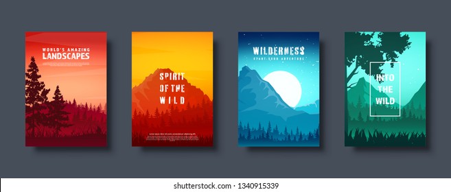 Mountains and forest. Wild nature landscape. Travel and adventure.Panorama. Into the woods. Horizon line.Trees,fog. Vector illustration.