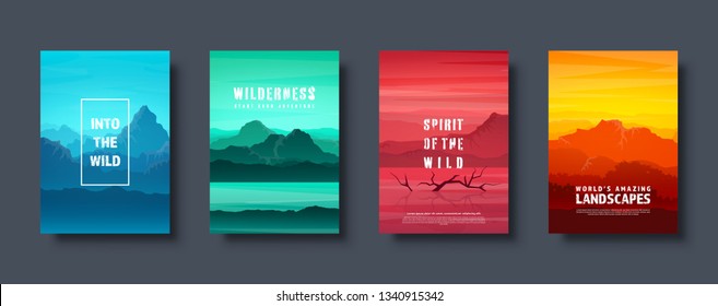 Mountains and forest. Wild nature landscape. Travel and adventure.Panorama. Into the woods. Horizon line.Trees,fog. Vector illustration.