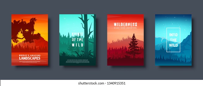 Mountains and forest. Wild nature landscape. Travel and adventure.Panorama. Into the woods. Horizon line.Trees,fog. Vector illustration.