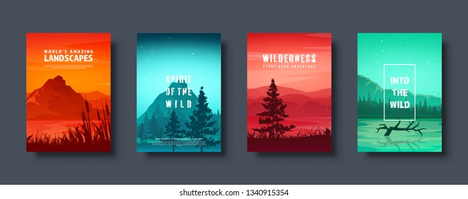 Mountains and forest. Wild nature landscape. Travel and adventure.Panorama. Into the woods. Horizon line.Trees,fog. Vector illustration.