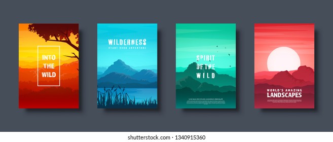 Mountains and forest. Wild nature landscape. Travel and adventure.Panorama. Into the woods. Horizon line.Trees,fog. Vector illustration.