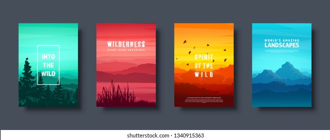 Mountains and forest. Wild nature landscape. Travel and adventure.Panorama. Into the woods. Horizon line.Trees,fog. Vector illustration.