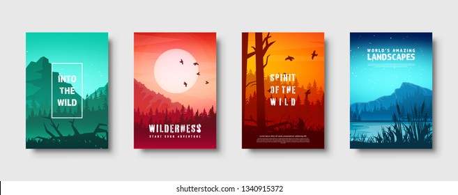 Mountains and forest. Wild nature landscape. Travel and adventure.Panorama. Into the woods. Horizon line.Trees,fog. Vector illustration.