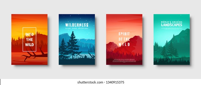 Mountains and forest. Wild nature landscape. Travel and adventure.Panorama. Into the woods. Horizon line.Trees,fog. Vector illustration.