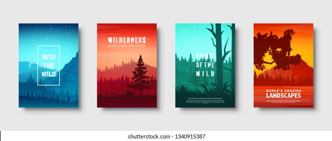 Mountains and forest. Wild nature landscape. Travel and adventure.Panorama. Into the woods. Horizon line.Trees,fog. Vector illustration.