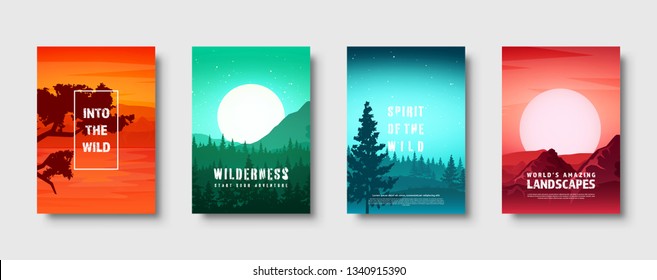 Mountains and forest. Wild nature landscape. Travel and adventure.Panorama. Into the woods. Horizon line.Trees,fog. Vector illustration.