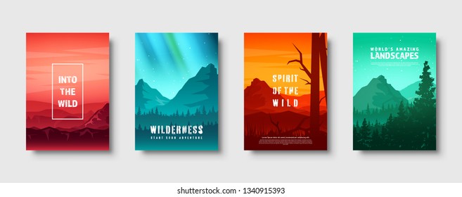 Mountains and forest. Wild nature landscape. Travel and adventure.Panorama. Into the woods. Horizon line.Trees,fog. Vector illustration.