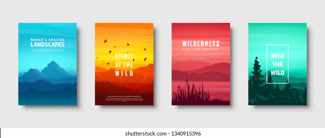 Mountains and forest. Wild nature landscape. Travel and adventure.Panorama. Into the woods. Horizon line.Trees,fog. Vector illustration.
