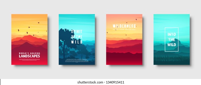 Mountains and forest. Wild nature landscape. Travel and adventure.Panorama. Into the woods. Horizon line.Trees,fog. Vector illustration.
