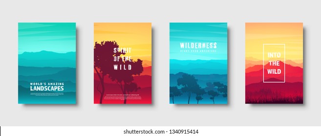 Mountains and forest. Wild nature landscape. Travel and adventure.Panorama. Into the woods. Horizon line.Trees,fog. Vector illustration.