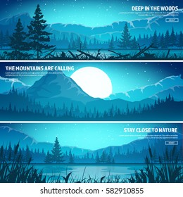 Mountains and forest. Wild nature landscape. Travel and adventure.Panorama. Into the woods. Horizon line.Trees,fog fog.