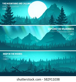 Mountains and forest. Wild nature landscape. Travel and adventure.Panorama. Into the woods. Horizon line.Trees,fog fog.