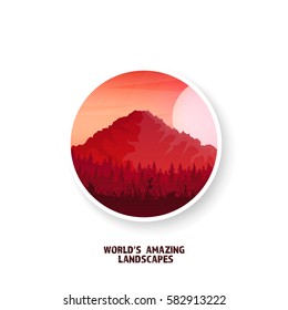 Mountains and forest. Wild nature landscape. Travel and adventure.Panorama. Into the woods. Horizon line.Trees,fog.