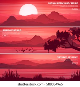 Mountains and forest. Wild nature landscape. Travel and adventure.Panorama. Into the woods. Horizon line.Trees,fog,wood.Backgrounds set.Lake or river.