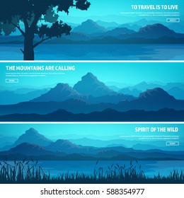 Mountains and forest. Wild nature landscape. Travel and adventure.Panorama. Into the woods. Horizon line.Trees,fog,wood.Backgrounds set.Lake or river.