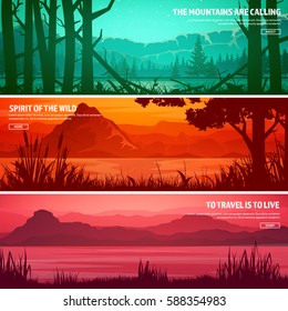 Mountains and forest. Wild nature landscape. Travel and adventure.Panorama. Into the woods. Horizon line.Trees,fog,wood.Backgrounds set.Lake or river.