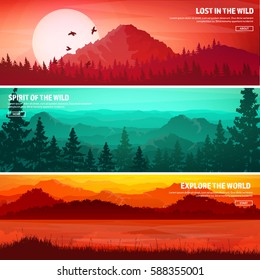 Mountains and forest. Wild nature landscape. Travel and adventure.Panorama. Into the woods. Horizon line.Trees,fog,wood.Backgrounds set.Lake or river.