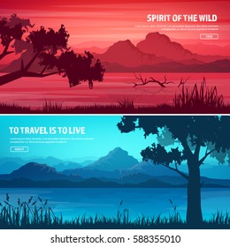 Mountains and forest. Wild nature landscape. Travel and adventure.Panorama. Into the woods. Horizon line.Trees,fog,wood.Backgrounds set.Lake or river.