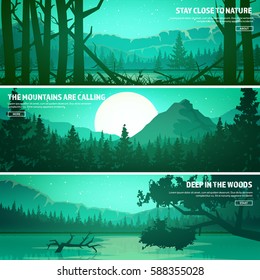 Mountains And Forest. Wild Nature Landscape. Travel And Adventure.Panorama. Into The Woods. Horizon Line.Trees,fog,wood.Backgrounds Set.Lake Or River.