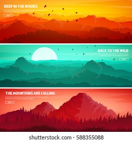 Mountains and forest. Wild nature landscape. Travel and adventure.Panorama. Into the woods. Horizon line.Trees,fog,wood.Backgrounds set.