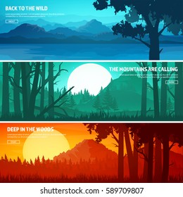 Mountains and forest. Wild nature landscape. Travel and adventure.Panorama. Into the woods. Horizon line.Trees,fog,wood.Backgrounds set.