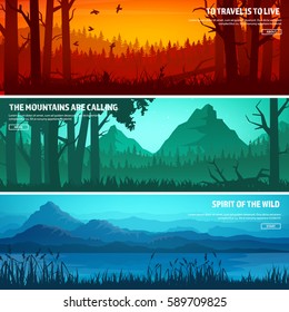 Mountains and forest. Wild nature landscape. Travel and adventure.Panorama. Into the woods. Horizon line.Trees,fog,wood.Backgrounds set.