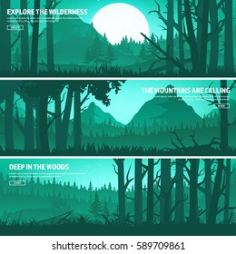 Mountains and forest. Wild nature landscape. Travel and adventure.Panorama. Into the woods. Horizon line.Trees,fog,wood.Backgrounds set.