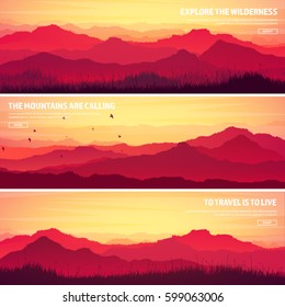 Mountains And Forest. Wild Nature Landscape. Travel And Adventure.Panorama. Into The Woods. Horizon Line.Trees,fog,wood.Backgrounds Se