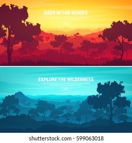 Mountains and forest. Wild nature landscape. Travel and adventure.Panorama. Into the woods. Horizon line.Trees,fog,wood.Backgrounds se