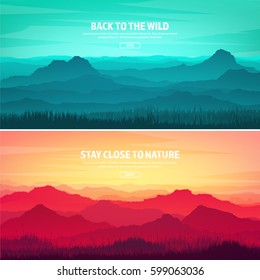 Mountains and forest. Wild nature landscape. Travel and adventure.Panorama. Into the woods. Horizon line.Trees,fog,wood.Backgrounds se