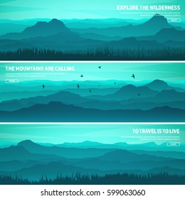 Mountains and forest. Wild nature landscape. Travel and adventure.Panorama. Into the woods. Horizon line.Trees,fog,wood.Backgrounds se