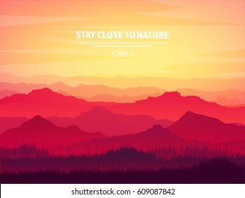 Mountains and forest. Wild nature landscape. Travel and adventure.Panorama. Into the woods. Horizon line.Trees,fogfog.