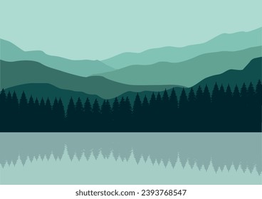 Mountains, forests, and lake, vector illustration for background design.