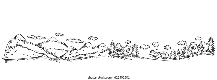 Mountains and forests, panorama of linear graphics, sketch lines, engraving style