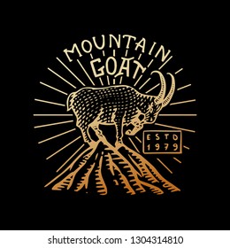 Mountains goat logo. Camping label. Trip in the forest, outdoor and adventure and pine trees. Colored badge on the chalkboard. Hand drawn vintage pin.