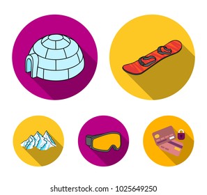 Mountains, goggles, an igloo, a snowboard. Ski resort set collection icons in flat style vector symbol stock illustration web.