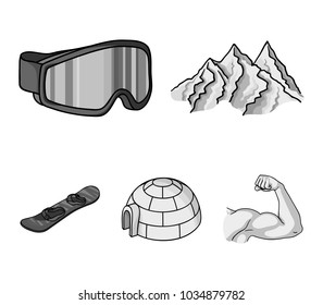 Mountains, goggles, an igloo, a snowboard. Ski resort set collection icons in monochrome style vector symbol stock illustration web.