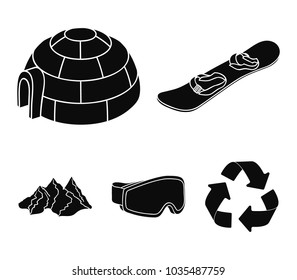 Mountains, goggles, an igloo, a snowboard. Ski resort set collection icons in black style vector symbol stock illustration web.